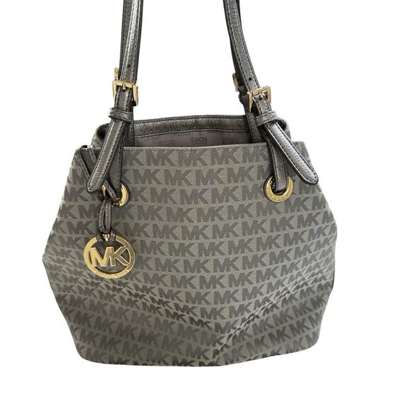 Michael Kors Jet Set Grab Bag Jacquard Signature MK Monogram Canvas Tote Gray - Picture 1 of 11